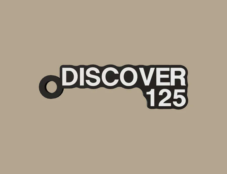 Llavero Bajaj DISCOVER 125, base negra y texto blanco, vista frontal del modelo 3D