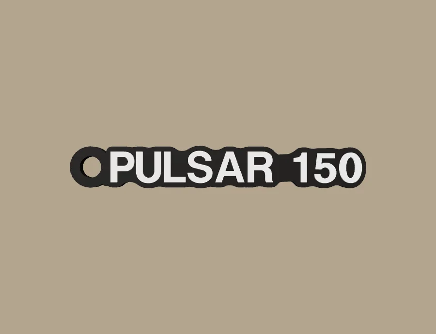 Llavero Bajaj PULSAR 150, base negra y texto blanco, vista frontal del modelo 3D