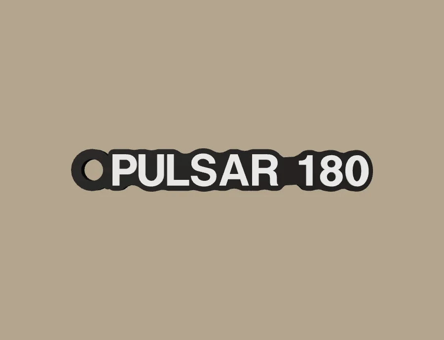 Llavero Bajaj PULSAR 180, base negra y texto blanco, vista frontal del modelo 3D