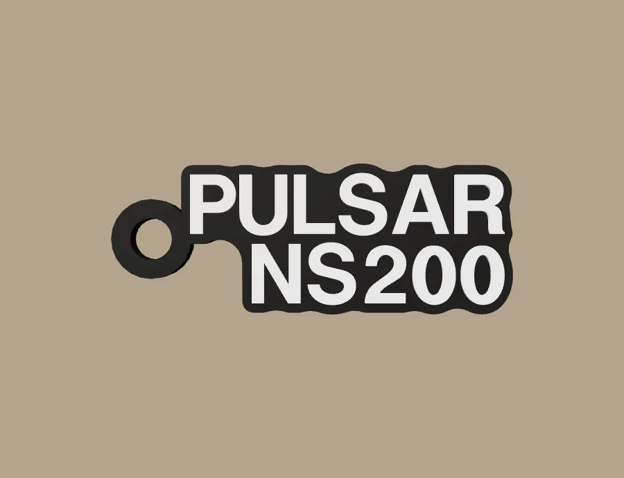 Llavero Bajaj PULSAR NS200, base negra y texto blanco, vista frontal del modelo 3D