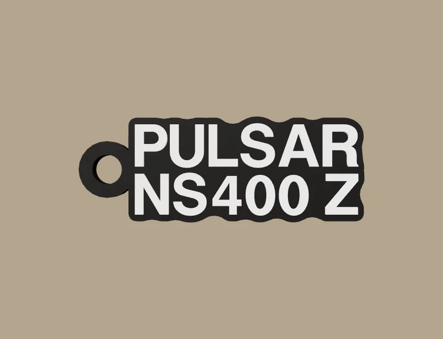 Llavero Bajaj PULSAR NS400 Z, base negra y texto blanco, vista frontal del modelo 3D