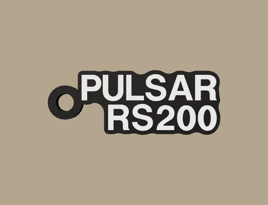 Llavero Bajaj PULSAR RS200, base negra y texto blanco, vista frontal del modelo 3D