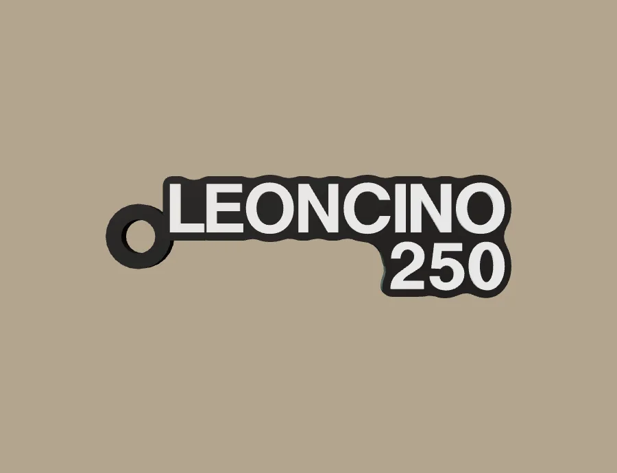 Llavero Benelli LEONCINO 250, base negra y texto blanco, vista frontal del modelo 3D
