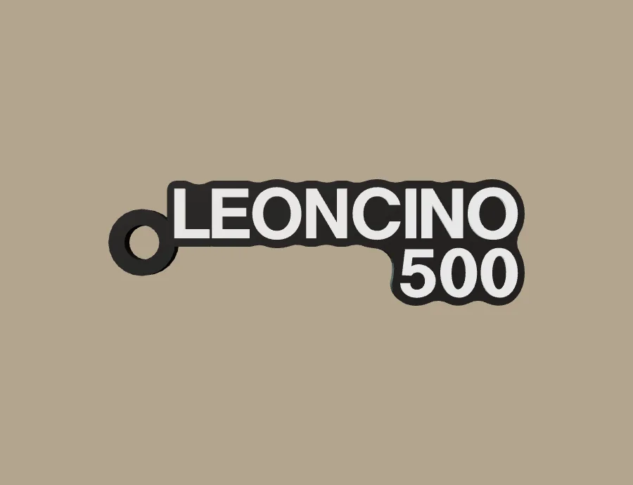 Llavero Benelli LEONCINO 500, base negra y texto blanco, vista frontal del modelo 3D