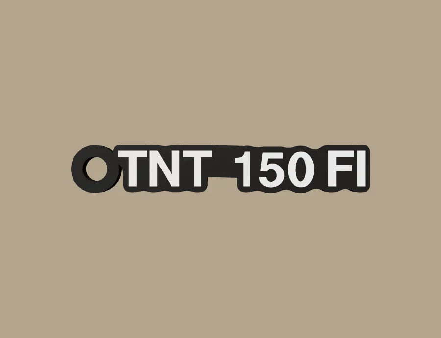Llavero Benelli TNT 150 FI, base negra y texto blanco, vista frontal del modelo 3D