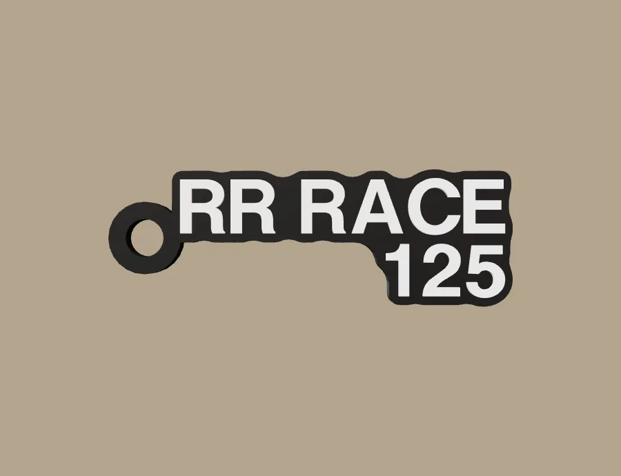 Llavero Beta RR RACE 125, base negra y texto blanco, vista frontal del modelo 3D