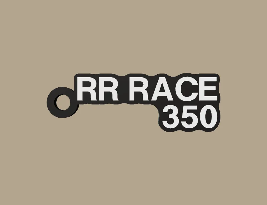 Llavero Beta RR RACE 350, base negra y texto blanco, vista frontal del modelo 3D