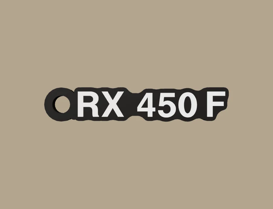 Llavero Beta RX 450 F, base negra y texto blanco, vista frontal del modelo 3D