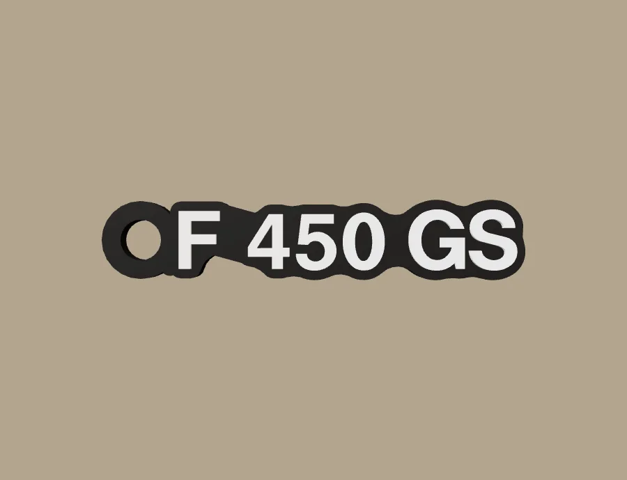 Llavero BMW Motorrad F 450 GS, base negra y texto blanco, vista frontal del modelo 3D