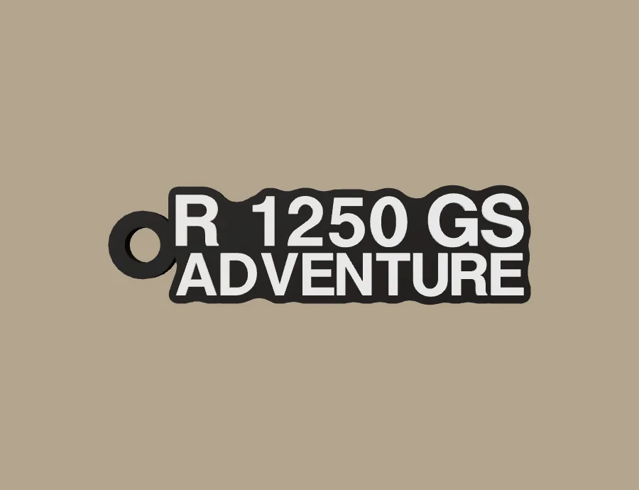 Llavero BMW Motorrad R 1250 GS ADVENTURE, base negra y texto blanco, vista frontal del modelo 3D