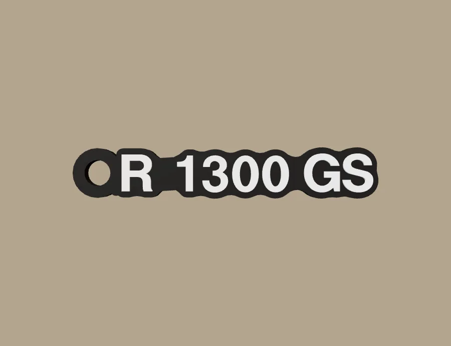 Llavero BMW Motorrad R 1300 GS, base negra y texto blanco, vista frontal del modelo 3D
