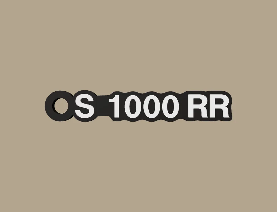 Llavero BMW Motorrad S 1000 RR, base negra y texto blanco, vista frontal del modelo 3D