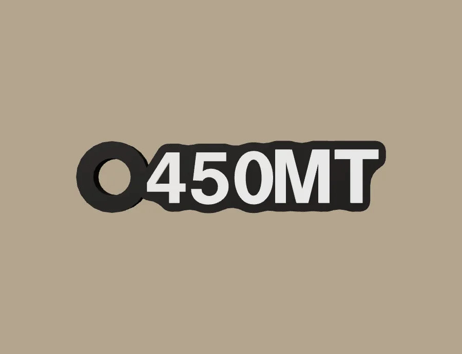 Llavero CFMOTO 450MT, base negra y texto blanco, vista frontal del modelo 3D