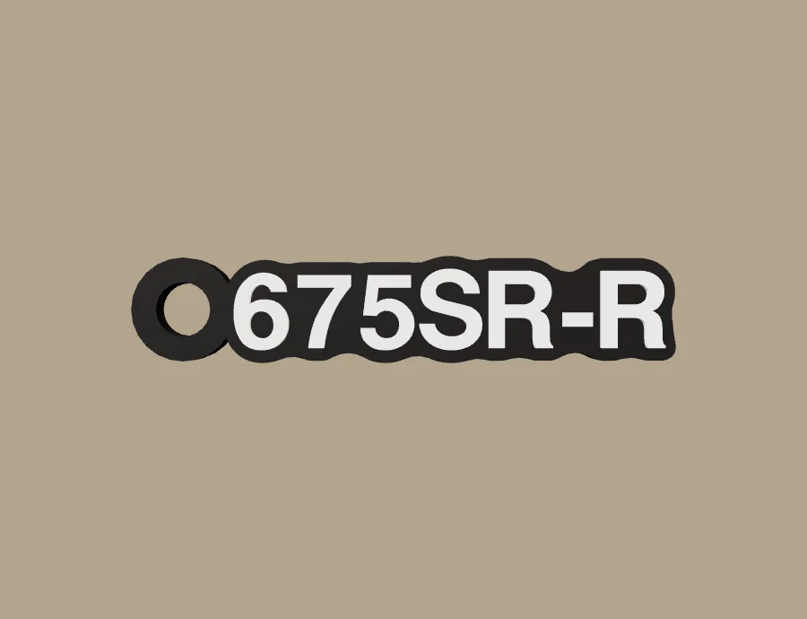 Llavero CFMOTO 675SR-R, base negra y texto blanco, vista frontal del modelo 3D