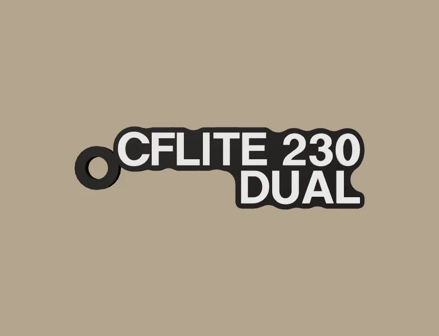 Llavero CFMOTO CFLITE 230 DUAL, base negra y texto blanco, vista frontal del modelo 3D