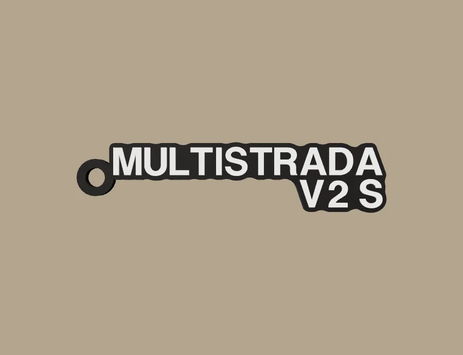 Llavero Ducati MULTISTRADA V2 S, base negra y texto blanco, vista frontal del modelo 3D