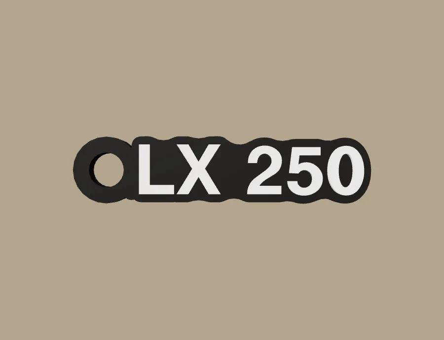 Llavero Formula LX 250, base negra y texto blanco, vista frontal del modelo 3D