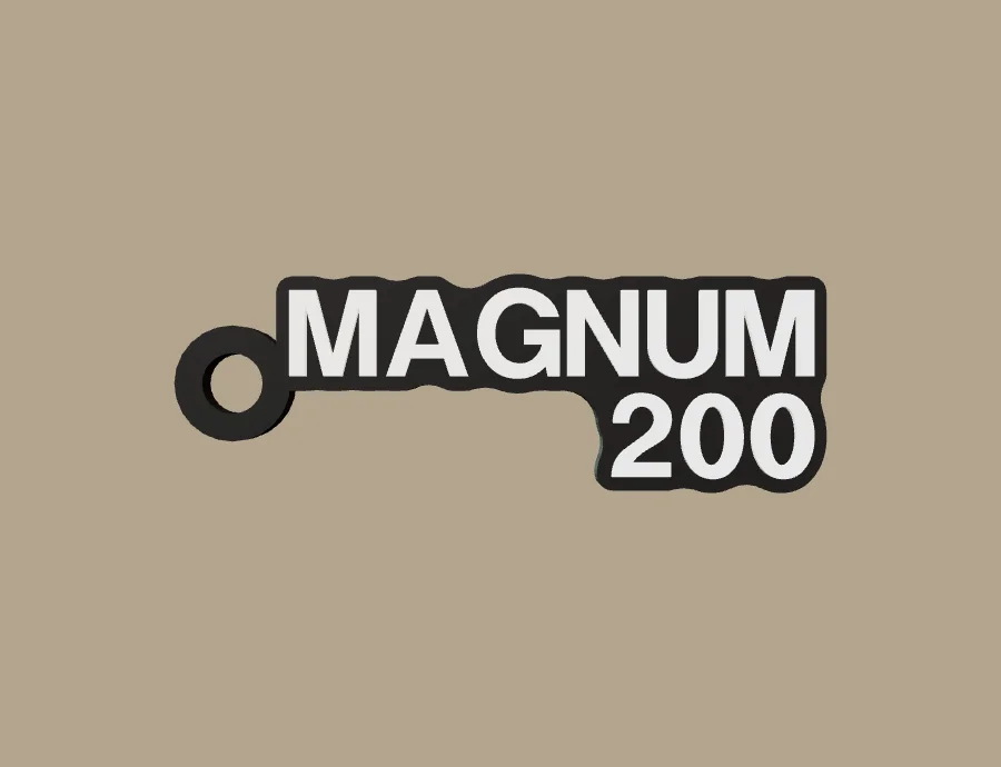Llavero Formula MAGNUM 200, base negra y texto blanco, vista frontal del modelo 3D