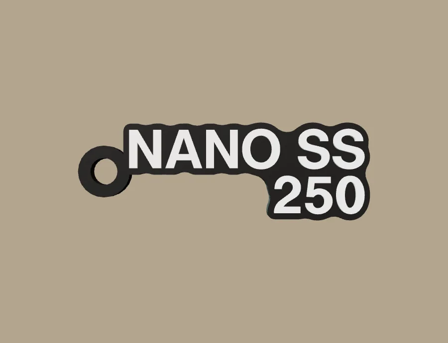 Llavero Formula NANO SS 250, base negra y texto blanco, vista frontal del modelo 3D