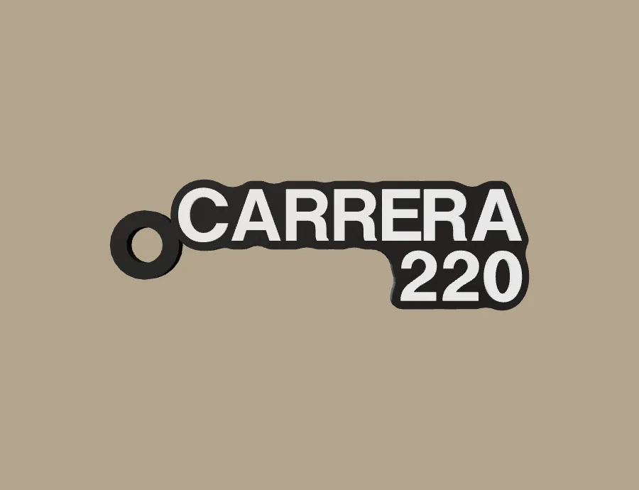 Llavero Freedom CARRERA 220, base negra y texto blanco, vista frontal del modelo 3D
