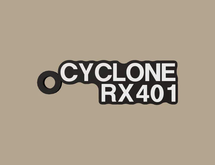 Llavero Freedom CYCLONE RX401, base negra y texto blanco, vista frontal del modelo 3D