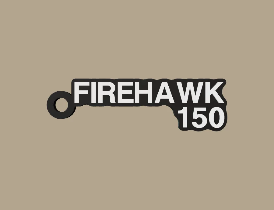 Llavero Freedom FIREHAWK 150, base negra y texto blanco, vista frontal del modelo 3D