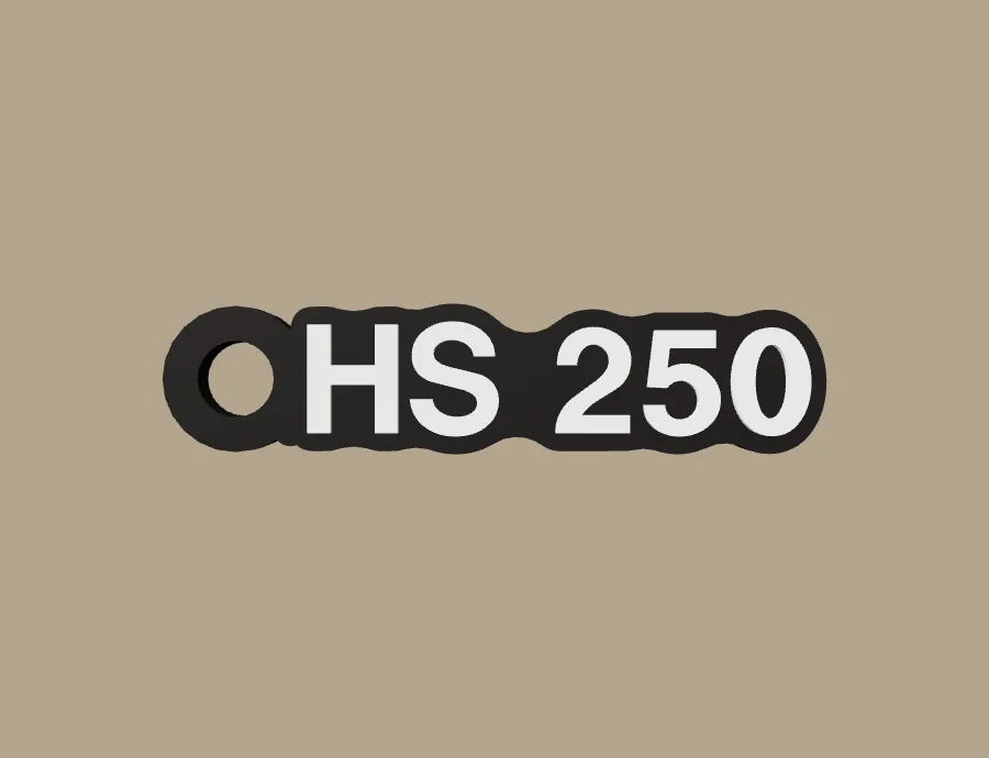 Llavero Freedom HS 250, base negra y texto blanco, vista frontal del modelo 3D