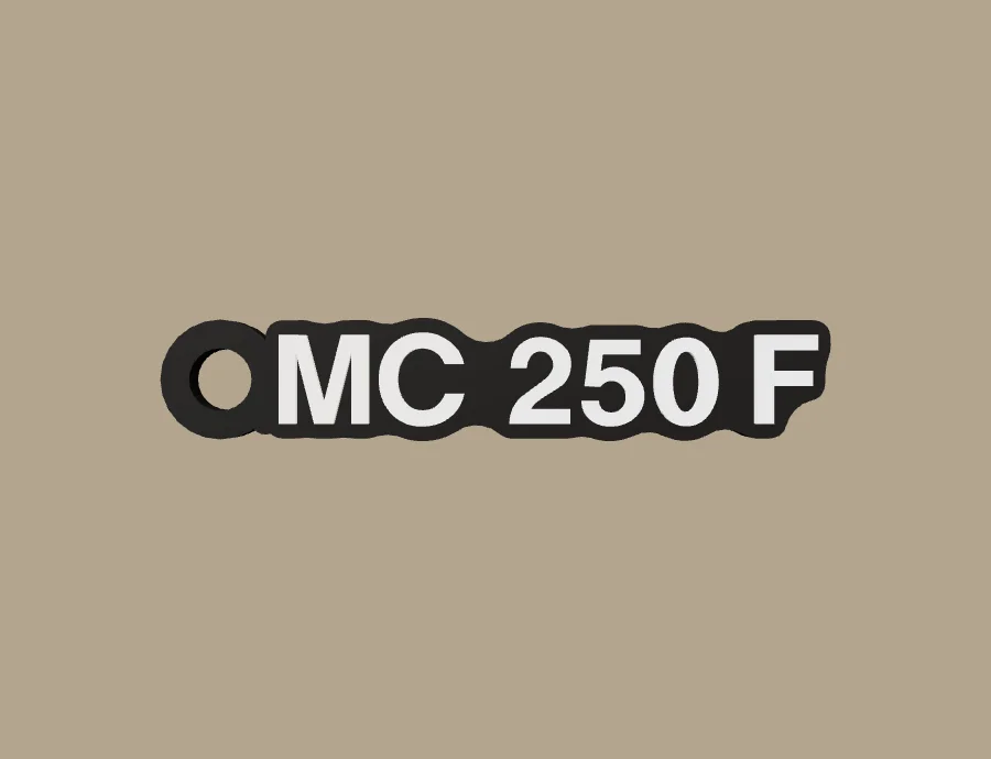 Llavero GASGAS MC 250 F, base negra y texto blanco, vista frontal del modelo 3D