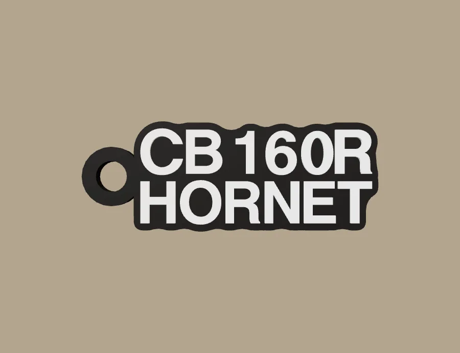 Llavero Honda CB160R HORNET, base negra y texto blanco, vista frontal del modelo 3D