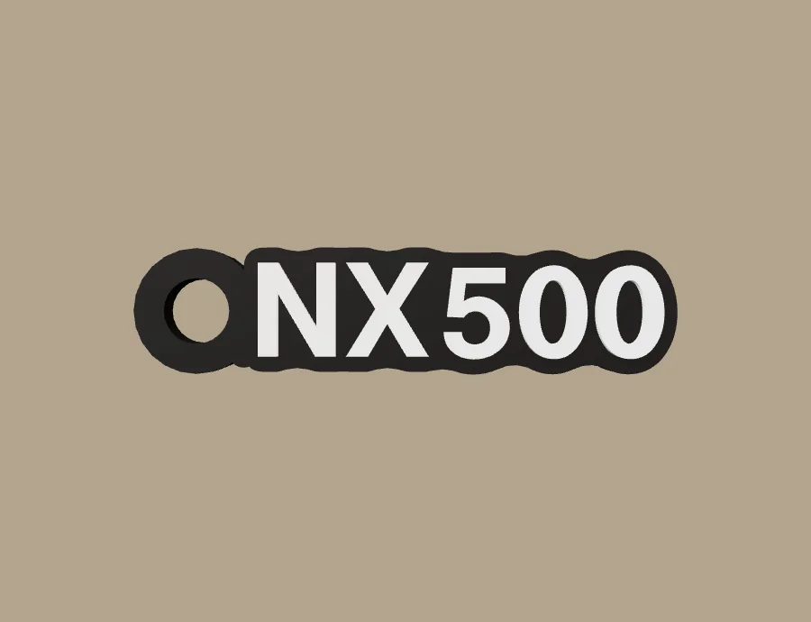 Llavero Honda NX500, base negra y texto blanco, vista frontal del modelo 3D