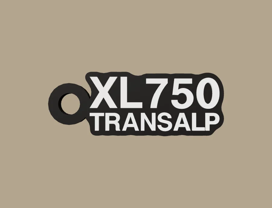 Llavero Honda XL750 TRANSALP, base negra y texto blanco, vista frontal del modelo 3D