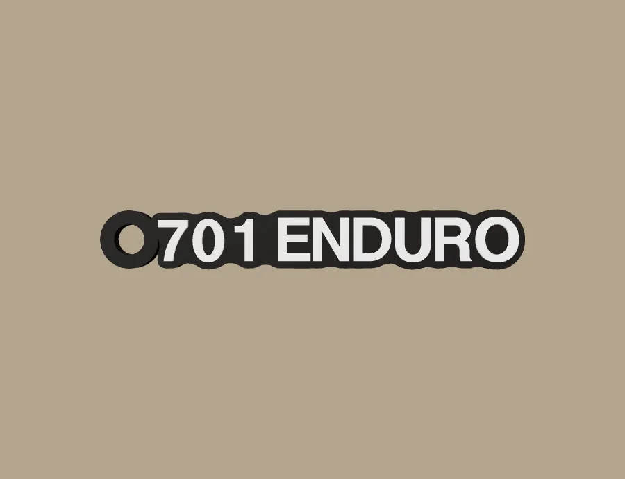 Llavero Husqvarna 701 ENDURO, base negra y texto blanco, vista frontal del modelo 3D