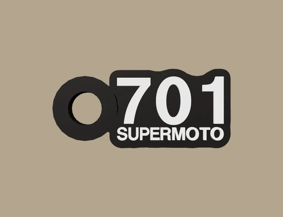 Llavero Husqvarna 701 SUPERMOTO, base negra y texto blanco, vista frontal del modelo 3D