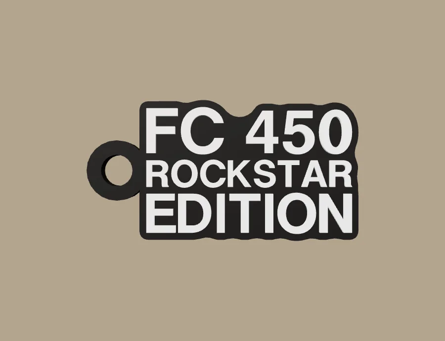 Llavero Husqvarna FC 450 ROCKSTAR EDITION, base negra y texto blanco, vista frontal del modelo 3D