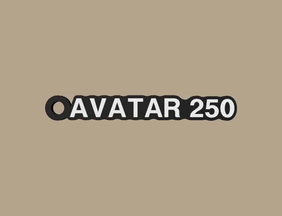 Llavero Katana / Ktna AVATAR 250, base negra y texto blanco, vista frontal del modelo 3D