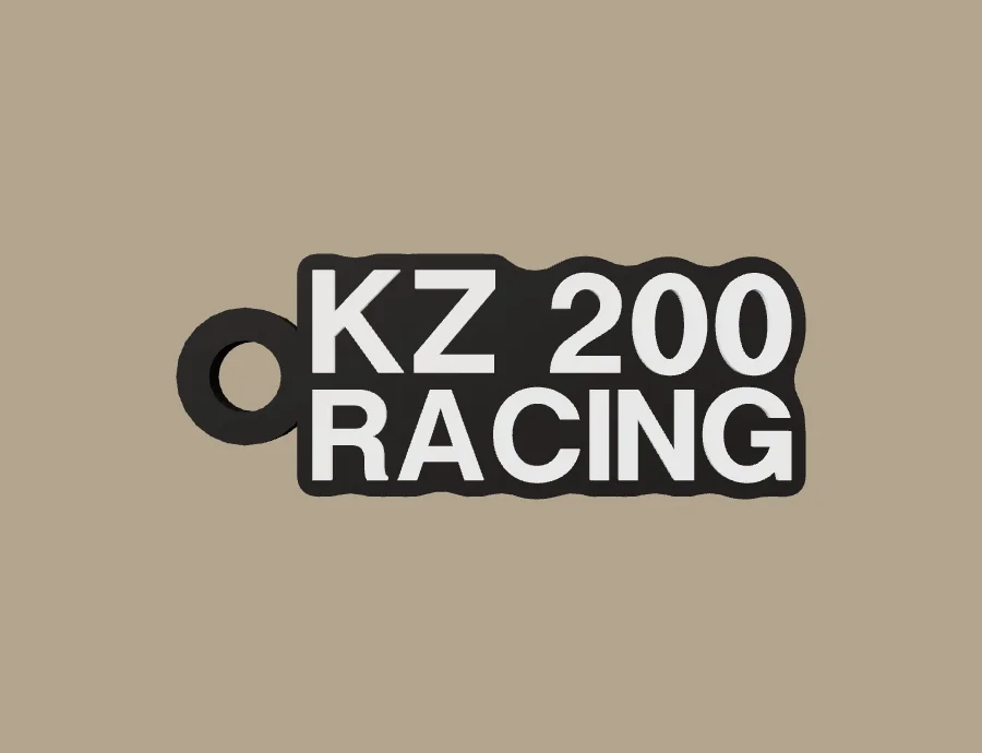 Llavero Katana / Ktna KZ 200 RACING, base negra y texto blanco, vista frontal del modelo 3D