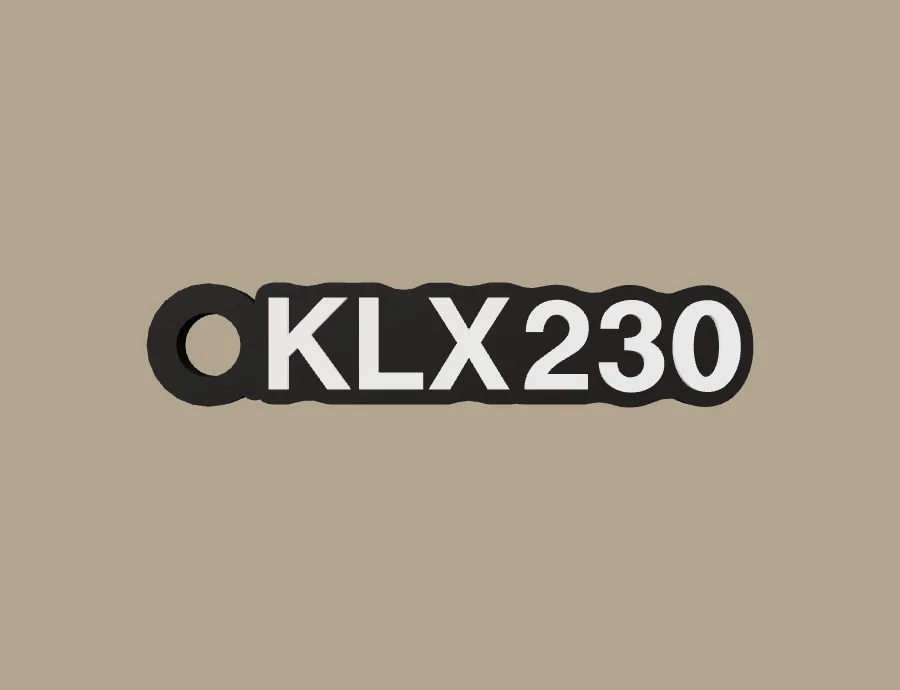 Llavero Kawasaki KLX230, base negra y texto blanco, vista frontal del modelo 3D