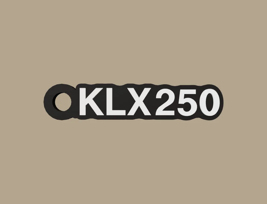 Llavero Kawasaki KLX250, base negra y texto blanco, vista frontal del modelo 3D