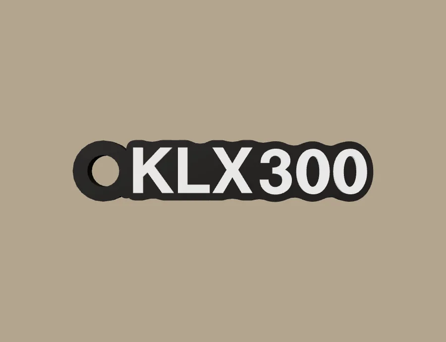 Llavero Kawasaki KLX300, base negra y texto blanco, vista frontal del modelo 3D