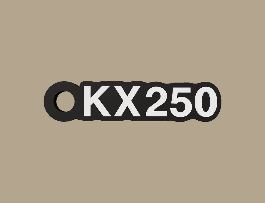 Llavero Kawasaki KX250, base negra y texto blanco, vista frontal del modelo 3D