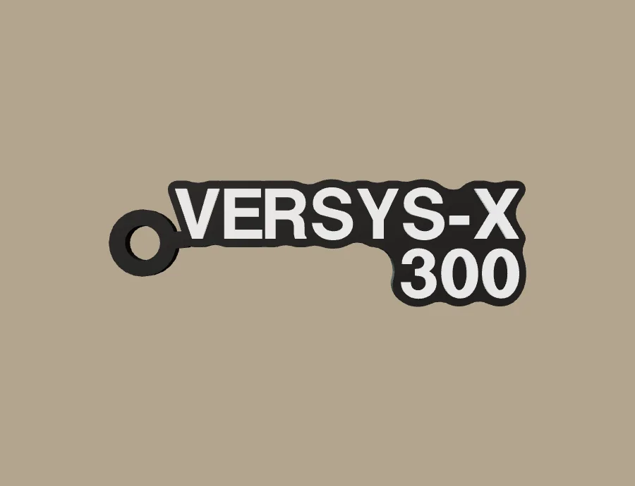 Llavero Kawasaki VERSYS-X 300, base negra y texto blanco, vista frontal del modelo 3D