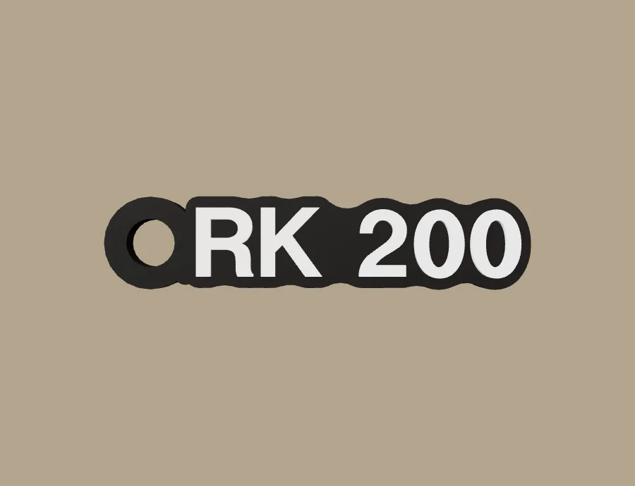 Llavero Keeway RK 200, base negra y texto blanco, vista frontal del modelo 3D