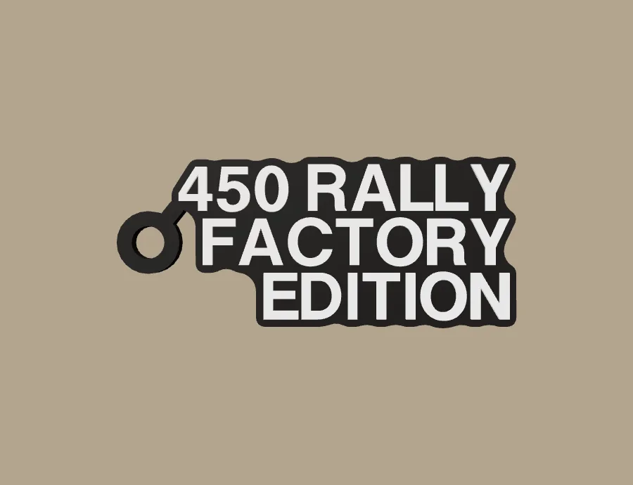 Llavero Kove 450 RALLY FACTORY EDITION, base negra y texto blanco, vista frontal del modelo 3D