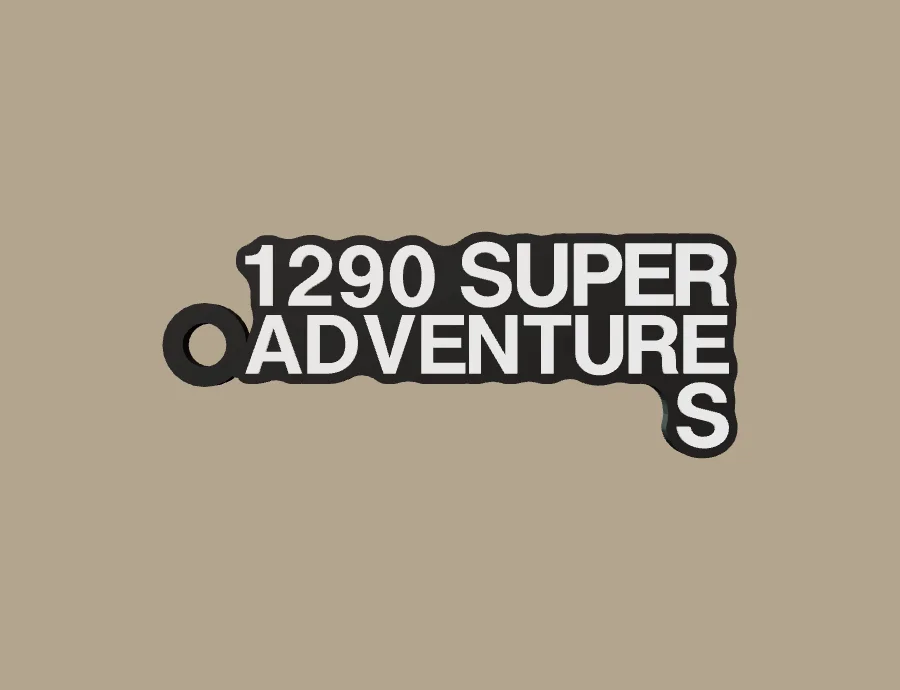 Llavero KTM 1290 SUPER ADVENTURE S, base negra y texto blanco, vista frontal del modelo 3D