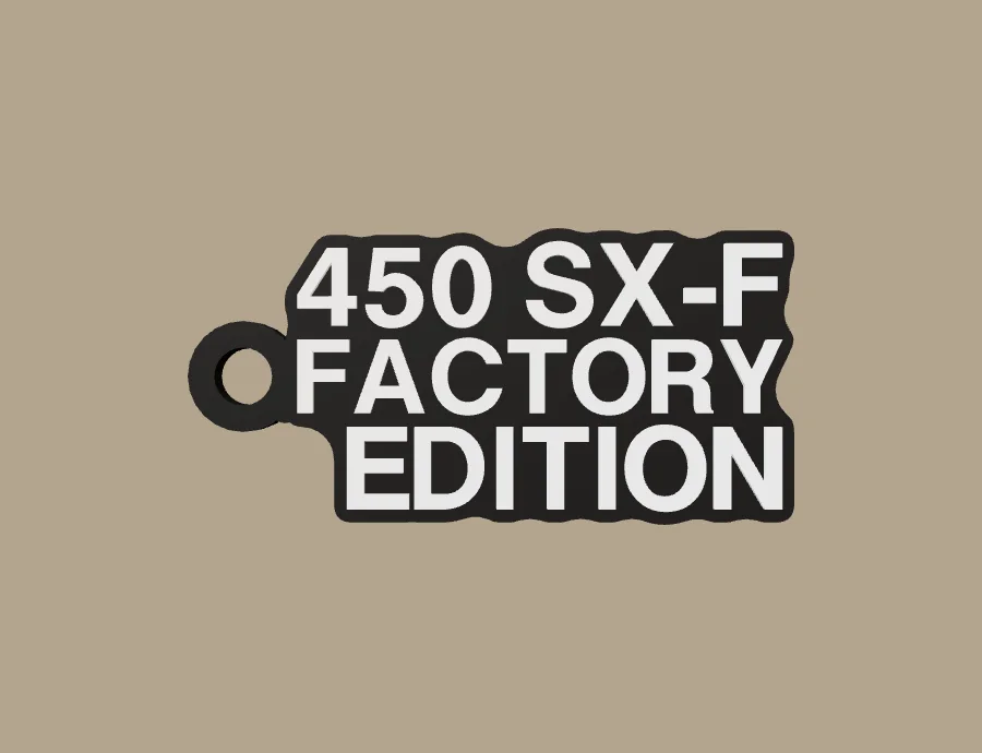 Llavero KTM 450 SX-F FACTORY EDITION, base negra y texto blanco, vista frontal del modelo 3D