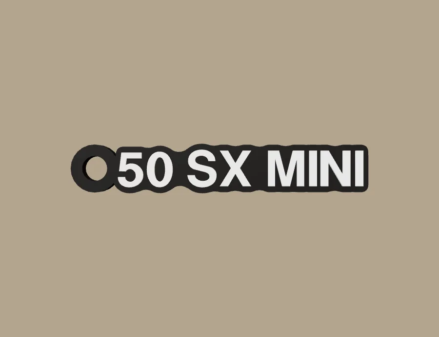 Llavero KTM 50 SX MINI, base negra y texto blanco, vista frontal del modelo 3D