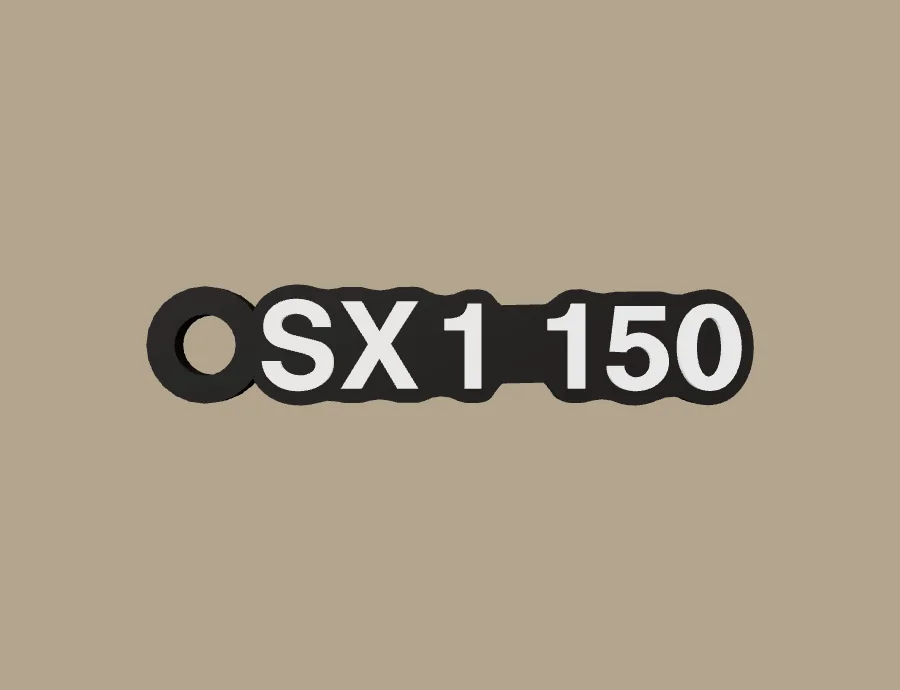 Llavero Loncin SX1 150, base negra y texto blanco, vista frontal del modelo 3D