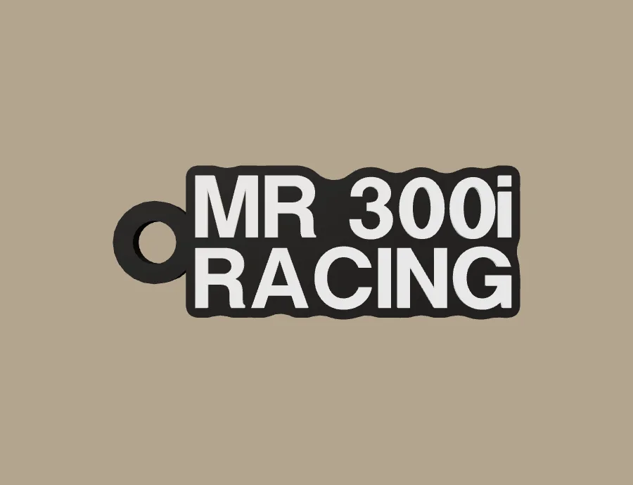 Llavero Rieju MR 300i RACING, base negra y texto blanco, vista frontal del modelo 3D