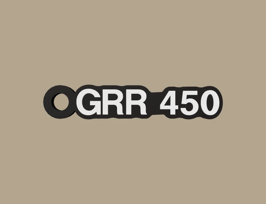 Llavero Royal Enfield GRR 450, base negra y texto blanco, vista frontal del modelo 3D