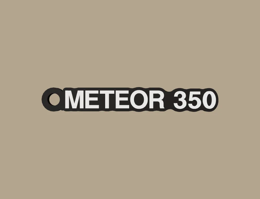 Llavero Royal Enfield METEOR 350, base negra y texto blanco, vista frontal del modelo 3D